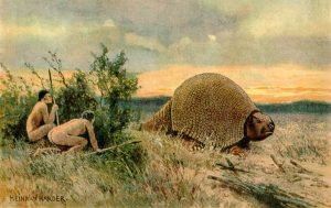 Artistic representation by Heinrich Harder of humans hunting glyptodon, a megafauna that lived during the Pleistocene period.